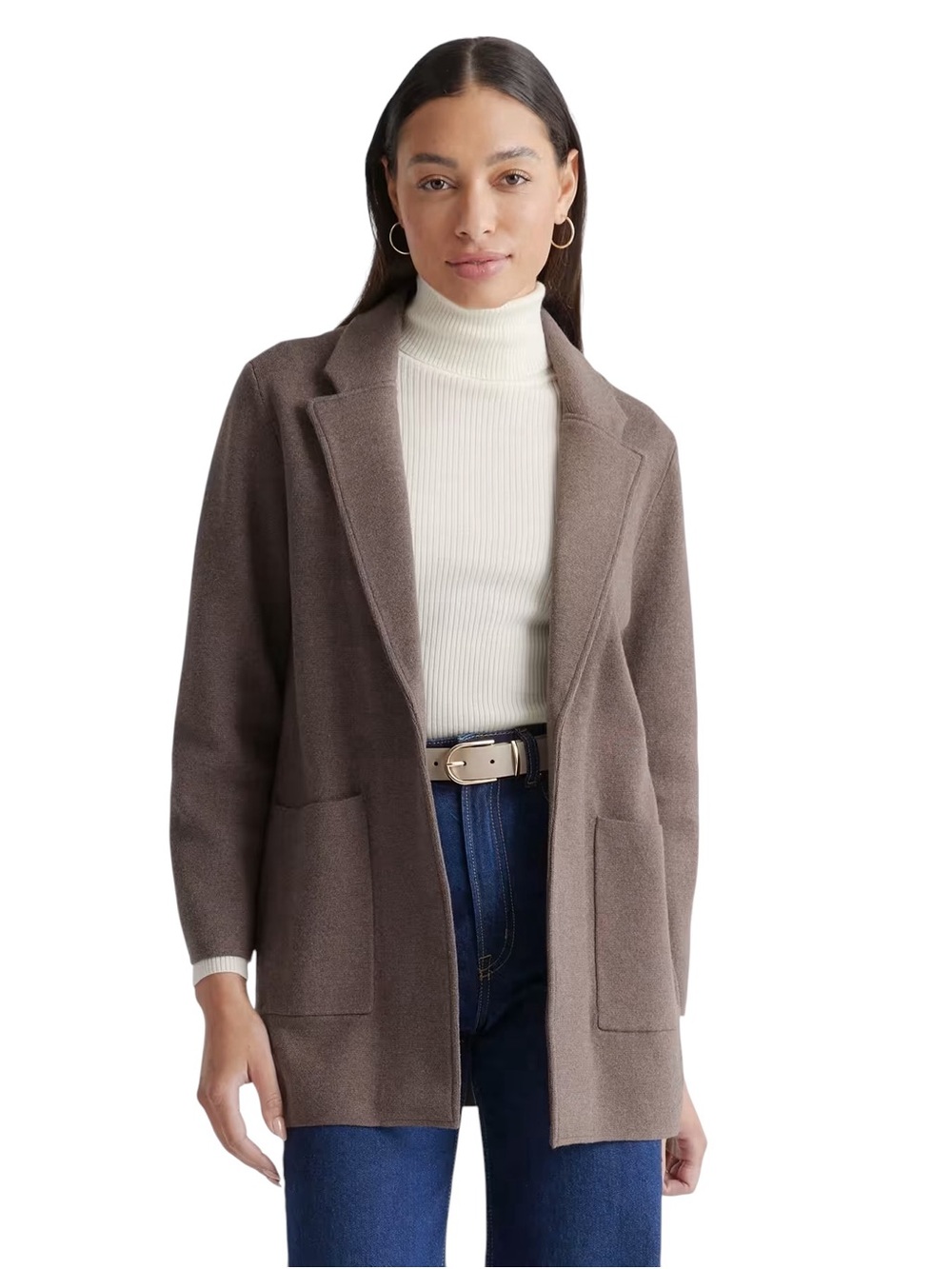 Quince 100% Organic Cotton Knit Open-Front Blazer in Brown